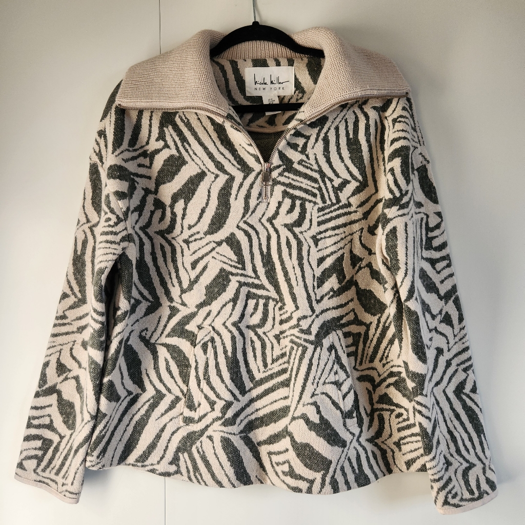 Nicole Miller New York Zebra Print Quarter Zip Sweater Women M